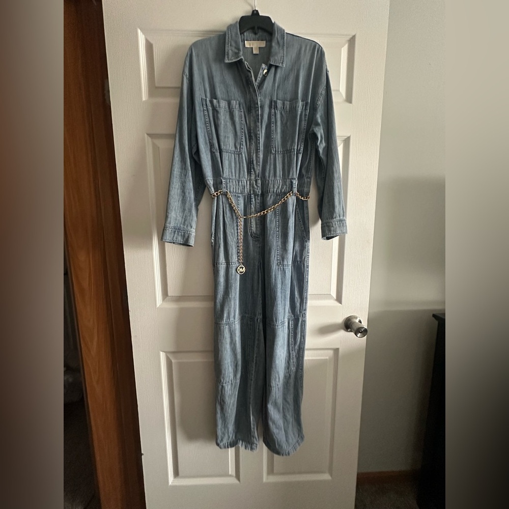 Michael Kors Denim Jumpsuit with Gold Chain Belt